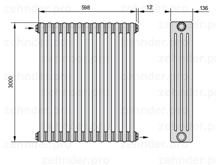 Схема (чертеж) Радиатор Zehnder Charleston 4300/13 №1670 Белый глянцевый RAL 9016